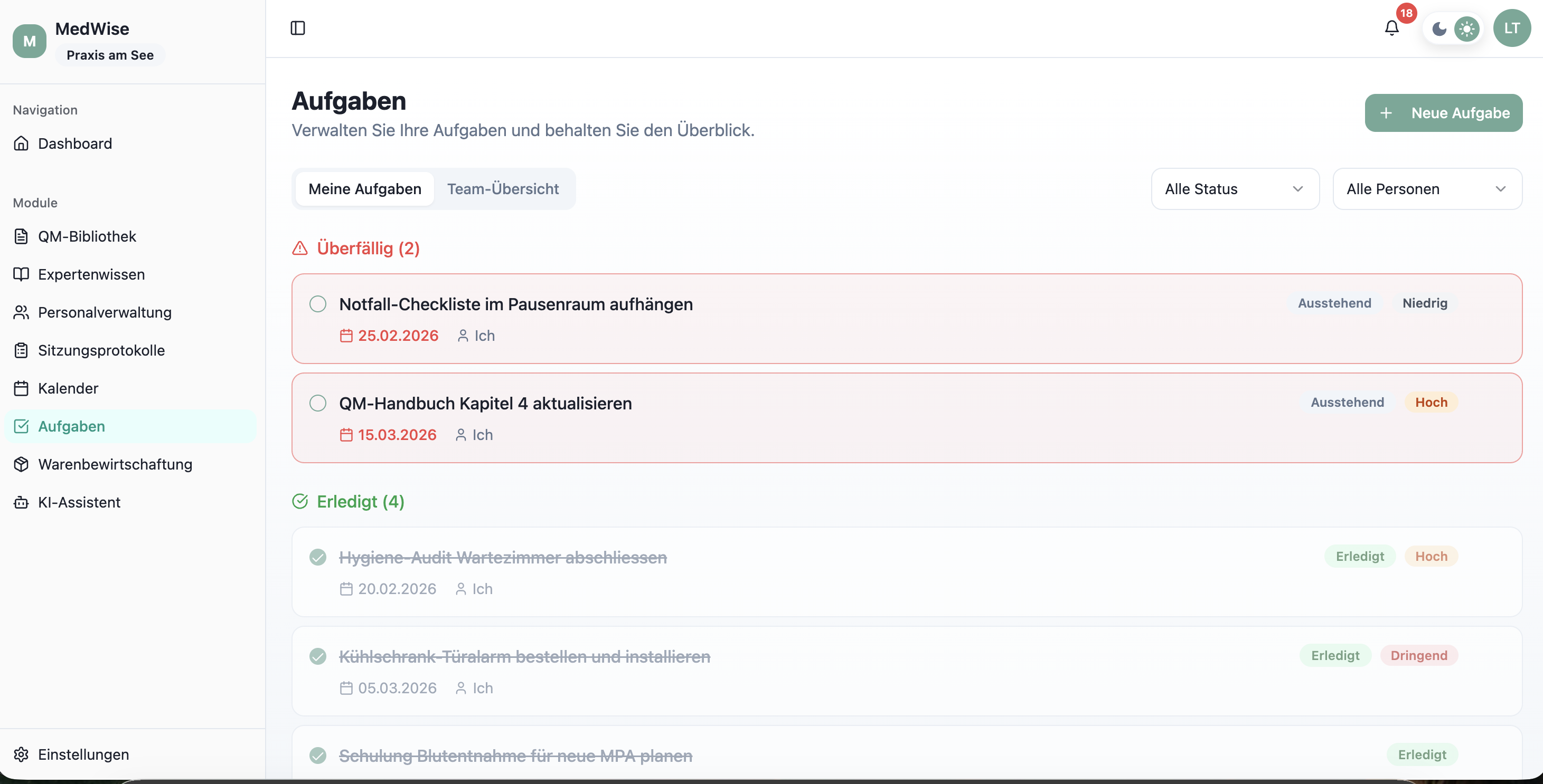 MedWise Aufgabenübersicht – Praxisaufgaben planen und verfolgen